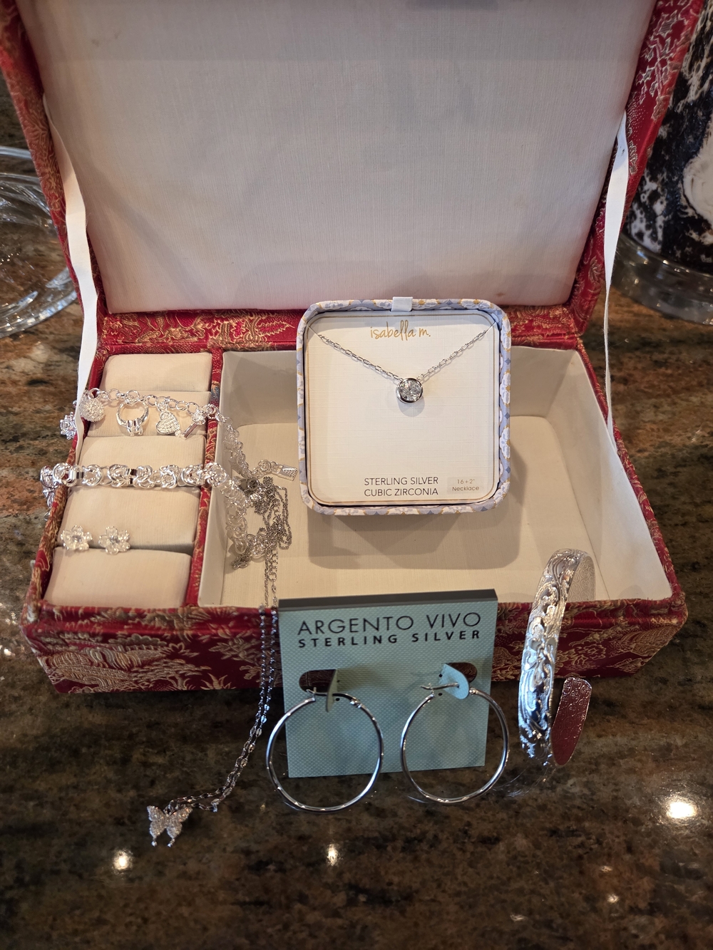 Sterling Silver Jewelry With Red Satin Asian Inspired Jewelry Box